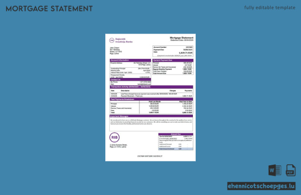 Beispiel eines Hypothekenauszugs der RIB Bank (Lettland) in Word und PDF (Vorschau)